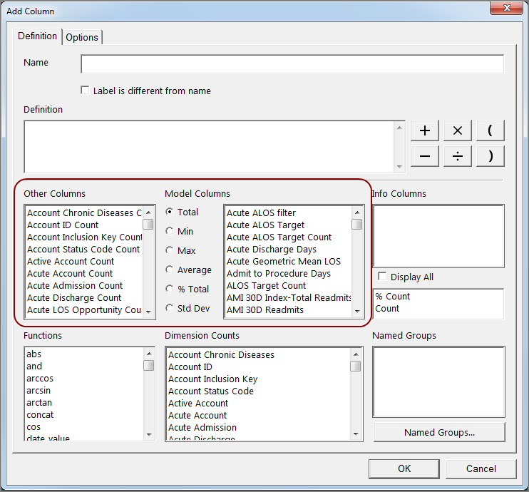Add columns, definition tab  dialog box.